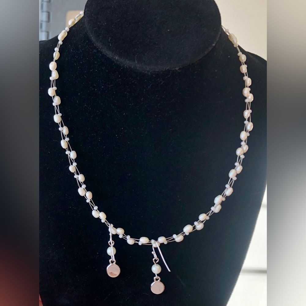 Necklace and pierced wire earring silver tone, faux pearl